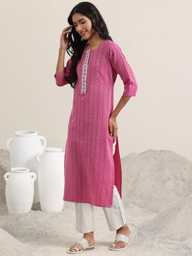 Image of Libas Womens Woven Design Cotton Blend Straight Kurta With Trousers and Dupatta | daily wear suit