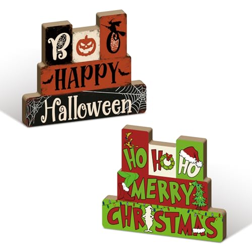Putuo Decor Happy Christmas & Halloween Reversible Tabletop Decor, Double