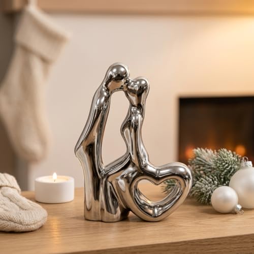 Image of Amazon Basics Serene Abstract Couple Figurine for Home & Office Decor | Modern Ceramic Love Sculpture Showpiece for Living Room, Shelf, Study Table & Bedroom Styling (Silver, 7 cm)