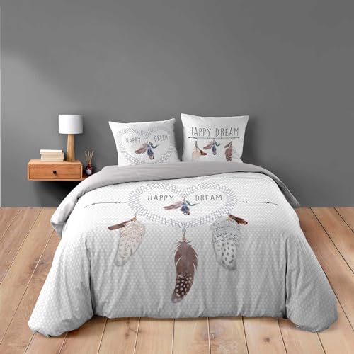 Douceur d'Intérieur, Parure de Lit 3 Pièces (240 x 220 cm) Happy Dream Blanc, 100% Coton