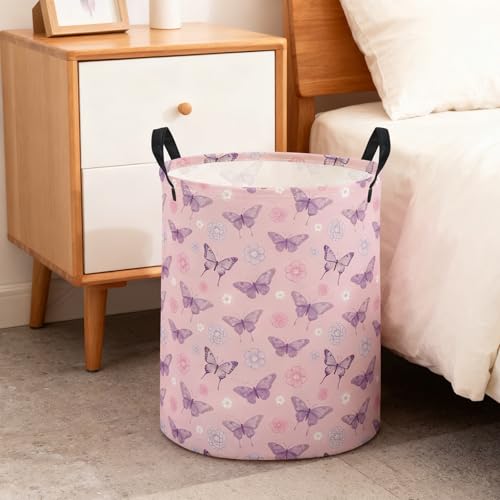 Image of ESSME Kids Laundry Basket,Butterfly Hamper Collapsible Canvas Waterproof Storage Bin for Boys, Cute Hamper,Gift Baskets(Pink butterfly)