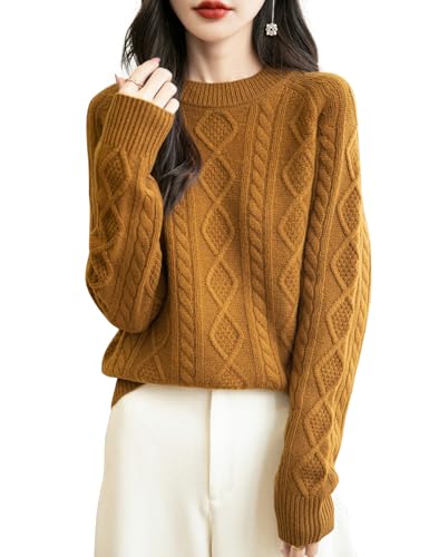 Women's 100% Merino Wool Sweater 2025 Fall Winter Casual Crewneck Long Sleeve Vintage Cable Knitted Sweater