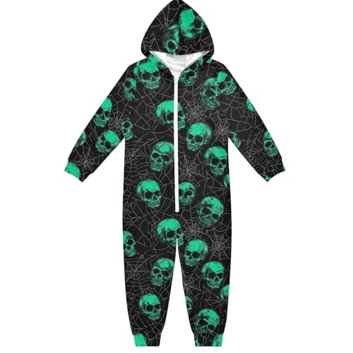 CHIFIGNO Enterizo unisex de una sola pieza para niños, disfraz novedoso de Halloween, Navidad, cosplay para niñas y niños, Cráneos verdes, telarañas blancas sobre negro, 4 años