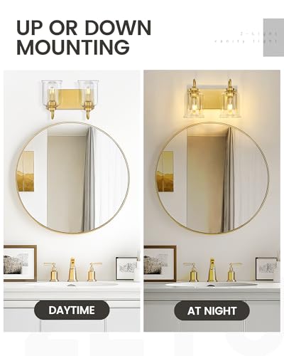 Image of zeyu Bathroom Vanity Light Fixtures, 2-Light Wall Sconce for Bathroom Above Mirror, Gold Vanity Light with Clear Glass Shade, ZSL72B-2W BG
