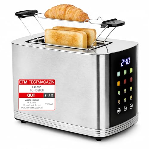 EMERIO Edelstahl Toaster mit großem FARB Display | Touch | 2 Toastschlitze | Zentrierautomatik | Krümelschublade | Abbruch/Auftauen/Erwärmen | 6 Bräunungsstufen | Brötchenaufsatz | 800W | TO-132888