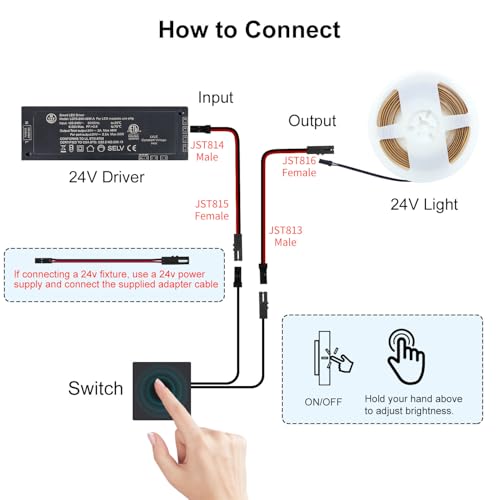 Image of VST 8mm 16.4ft COB LED Strip Lights Warm White 2700K, 24V LED Tape Light, 48w, 2640 LEDs, Ra 93+, for Cabinets, UL Listed with ETL Certified 48W Power Supply and Touch Switch
