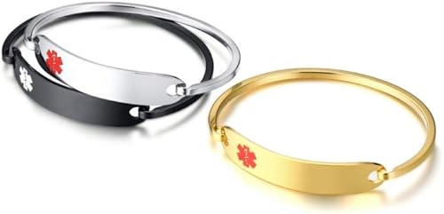 Miniatura 52 de VNOX Pulsera médica de acero inoxidable para mujer, pulsera de identificación de alerta médica de emergencia de acero inoxidable, grabado gratuito