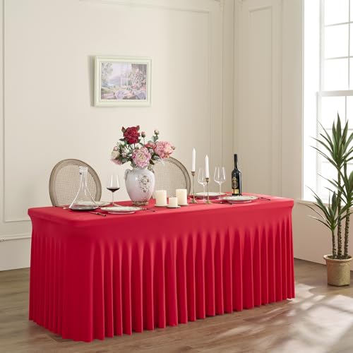 Image of Outpain 6ft Spandex Polyester Blend Tablecloth for Standard Folding Tables - 6 Pack Red Table Protector for Party, Wedding, Banquet, Festival