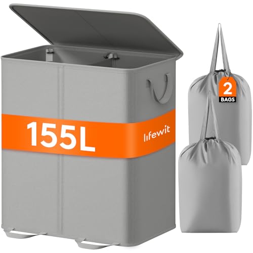Lifewit Double Laundry Hamper with Lid, Removable Laundry Bags, Silver Gray by Lifewit - Used condition - US$23.99