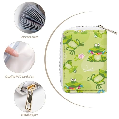 Women Leather Coin wallet, Key Change Organizer Zipper Card Holder Purse Clutch Pouch Pocket 4.5x3.15 in Print Green Frogs flowers Toads White Lotus Flowers4