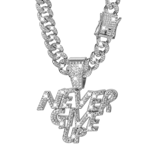 NEVER GIVE UP Hip-hop Cuban Chain, Rhinestone Pendant Necklace Jewelry For Men，Men's Fashion Jewelry