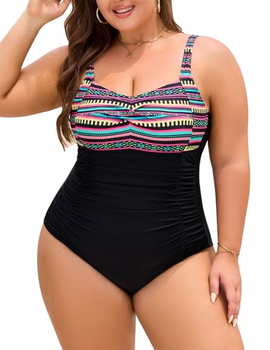Nadeer Bañador Mujer Talla Grande Reductores Traje de Baño de Una Pieza Push Up Sexy Cuello en V Swimwear Swimsuit para Natacion Playa L-4XL(Bohemio,3XL)