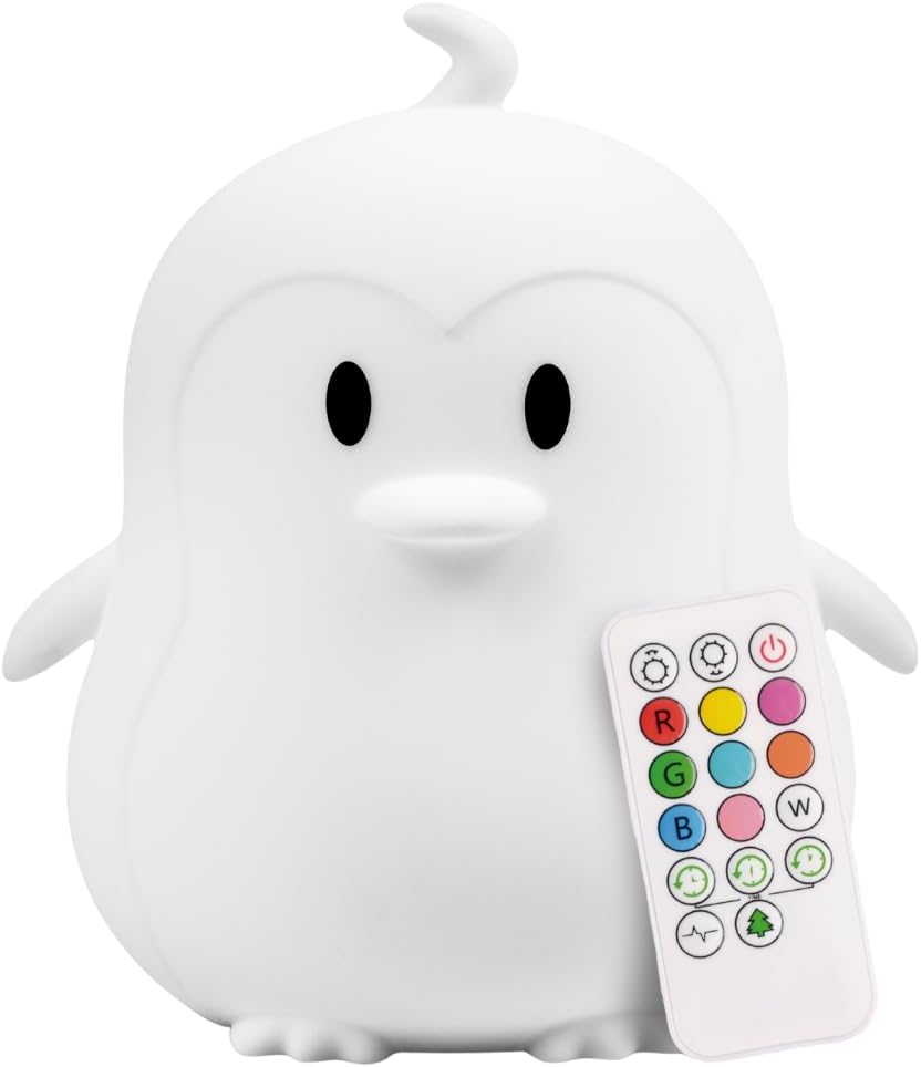 Remote Control Silicone Night Light for Kids - Penguin Design with 9 Soft Colors & Sleep Timer - Rechargeable, Battery-Operated Lamp for Bedroom | Baby Nursery, Toddler, Girls, Boys
