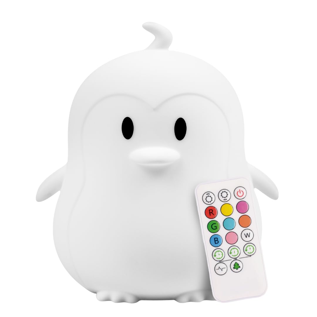 Lumipets Remote Control Silicone Night Light for Kids - Penguin Design with 9 Soft Colors & Sleep Timer - Rechargeable, Battery-Operated Lamp for Bedroom | Baby Nursery, Toddler, Girls, Boys