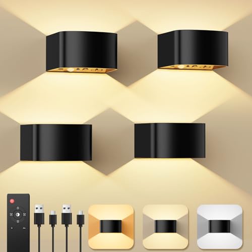 KagoLing Aplique Pared Interior con Sensor de Movimiento, 4 Piezas LED Lamparas Pared sin Cables con Mando a Distancia, 3 Colores/3 Modos Recargable 4000mAh Pilas Lámpara de Pared para Dormitorio