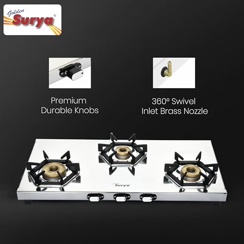 Image of Golden Surya 3 Burner Heavy Stainless Steel Gas Stove | Tornado Brass Burners | Manual Ignition | Swivel Inlet Nozzle ISI Certified | 18-Month Warranty-(Crystal)