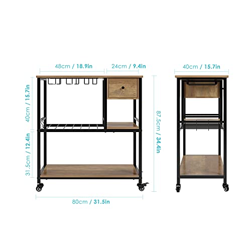 Urkno Bar Cart For Home, Mobile Kitchen Baker's Rack With Drawer, Industrial Wine Cart Microwave Stands With Wine Rack, Glass Holder, Hooks, Rustic Brown #TOP5