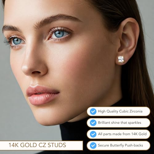 14k Yellow Gold Princess-Cut Square Cubic Zirconia CZ Stud Earrings with Gold Butterfly Pushbacks3