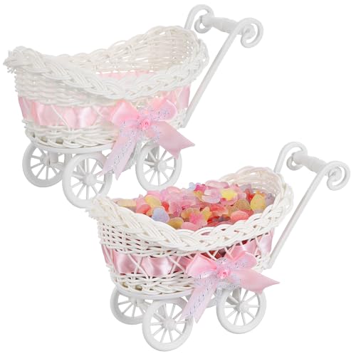 Cesta tejida de cochecito para mesa de dulces en bautizos y Baby Shower rosa