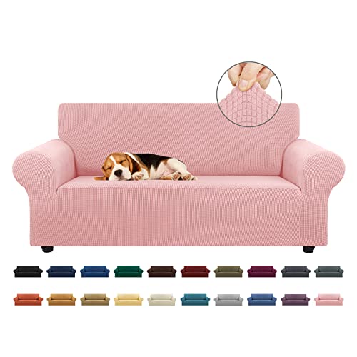 KEKUOU Stretch Loveseat Sofa Cover Slipcover,Couch Covers for 2 Cushion Couch Sofa (55"-78") Furniture Protector Sofa with Elastic Bottom for Kids,Dog. Jacquard Small Checked (Medium,Dusty Pink)