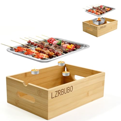 LZRBUBO BBQ Board aus Bambus zum Warmhalteplatte, Fleischwarmhalter fürs Grillen, Speisenwärmer mit Kerzen und Holzkohlebox, Warmhaltebehälter Grillgut, Grillgut Stövchen für Grillparty(Kein Teelicht)