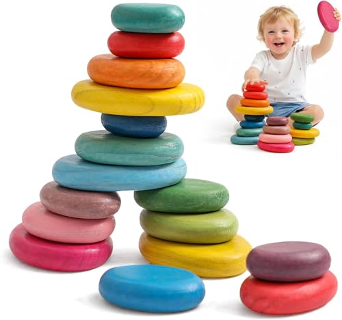 EERKEOD Extra-Large Stacking Blocks for Toddlers 1-3 16pcs Montessori Toys Safe Smooth Jumbo Balancing Stones for Open-Ended Sensory Play, STEM Building Blocks for Boys & Girls