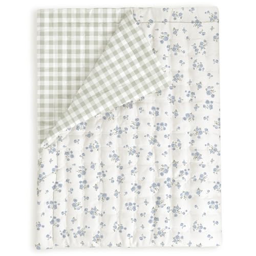 Image of MakeMake Organics Organic Baby Comforter GOTS Certified Organic Kids Blanket Cotton Infill Tufted - Reversible Ultra Soft Breathable Boys Girls (30"x40", Mini Roses + Weaves)