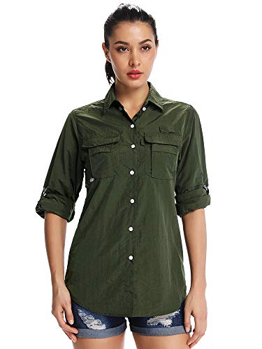 Women's UPF 50+ UV Sun Protection Safari Shirt, Long Sleeve Outdoor Cool Quick Dry Fishing Hiking Gardening Shirts (5055 Army Green XXL)