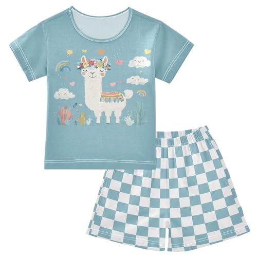 Checkerboard Plaid Llama Cacti Blue Pajama Set Short Sleeve PJS 2 Piece Summer Pajamas Shorts Sets Cotton 5Y