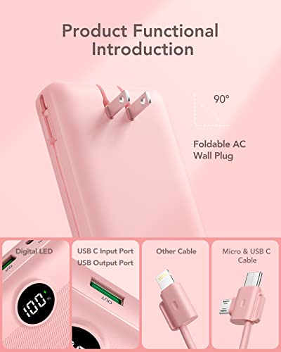VRURC Portable Charger 20000mAh, Fast Charging Power Bank USB C,4 Output 2 Input Travel Essentials Charging Bank Equipped with LED Display,Built-in Wall Plug and Cables,Phone Charger Battery,Pink2