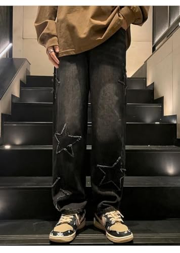 Y2K Vintage Men Korean Blue Streetwear Oversize Star Aesthetic Straight Trousers Wide Leg Jeans Grunge Denim Pants3