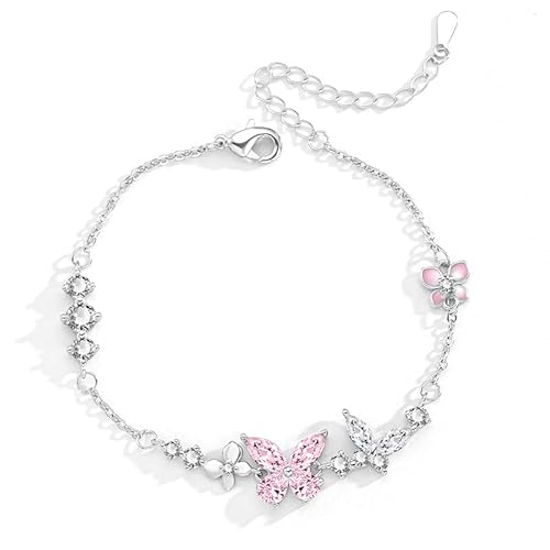 OATHCAF Delicate Pink Butterfly Flower Bracelet Crystals Bangle Statement Jewelry Adjustable Chain Accessories for Women Nature Lovers Thoughtful Gifts (Silver Plated)