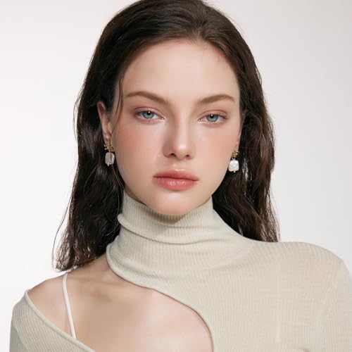 FarF&ME Pearl Earrings for Women - 18K Gold Plated Statement Baroque Pearl Dangle earrings, Lightweight Elegant Bow Drop Earrings For Wedding, Bridal, Beach.2