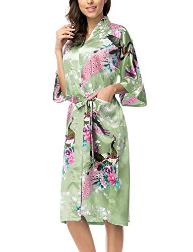 CHENXI Women Silk Satin Kimono Bathrobes Long Bridesmaids Robes, Olive Green M