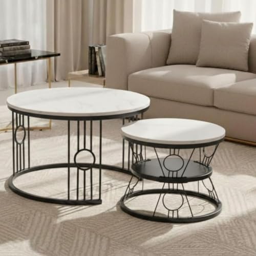 Image of Modern Nested Coffee Table Set of 2 | Round Marble Finish Tabletop with Metal Base | Luxury Center Table for Living Room, Lounge & Office (Ring Black White)