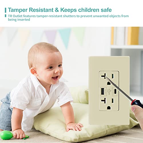 Usb Type C Wall Outlet Dual High Speed Receptacle 20 Amp, Smart 4.8A Fast Charging Capability, Tamper Resistant Wall Plate Included Ul Listed, Not For Laptops, (Ivory, 2 Pack) #TOP2