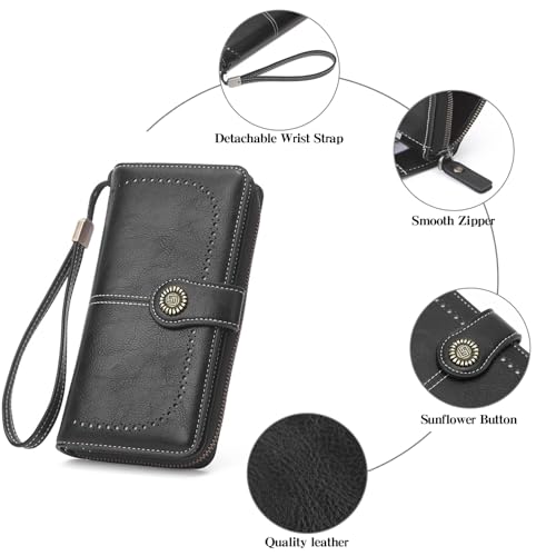 Image of RNIEGA Womens Wallet Leather Billfold RFID Blocking Credit Card Holder Wristlet Wallets for Women Ladies Purses with Zipper Coin Pocket