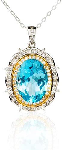 Natural Swiss Blue Topaz Gemstone Pendant for Women, Gold Bezel Zircon, 925 Sterling Silver 17.7 inches Chain Necklace Birthstone Gift for Her Mom, 10 Carat Oval Cut 10X13 mm Stone