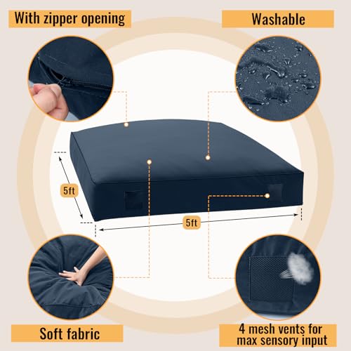 Maasechs 5' x 5' or 3' x 4' Cover Replacement for Crash Pad, Sensory Crash Pads Cover for Kids and Adult, Durable and Safe, Machine-Washable, Pads Sheet Only(Dark Blue,5' X 5') - Thumbnail 2