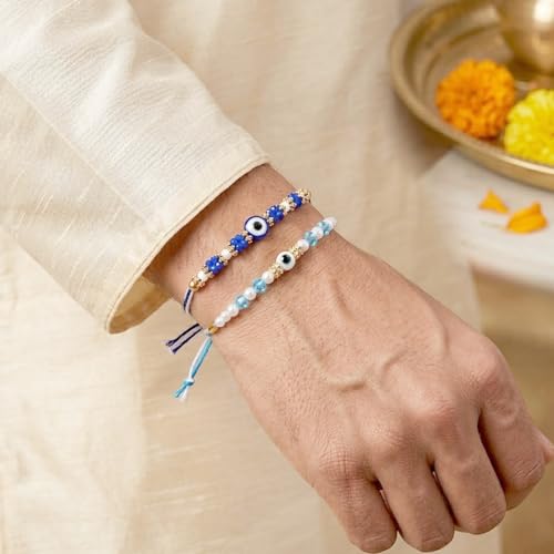 Image of Peora Evil Eye & Crystals Studded Rakhi for Brother Bhaiya | Red Thread | Raksha Bandhan Hamper with Roli Chawal Greeting Card