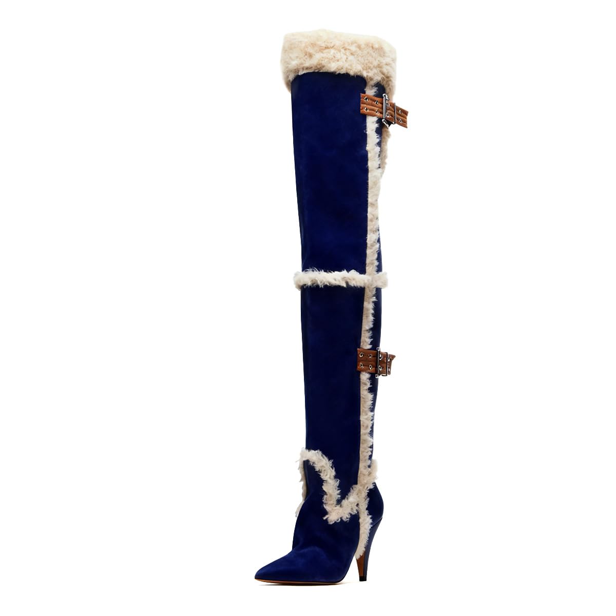 XYD Womens Over-the-Knee Boots Cozy Warm Fur Trim Pointed Toe Cone Heels Side Two Buckles Straps Brunch Dates