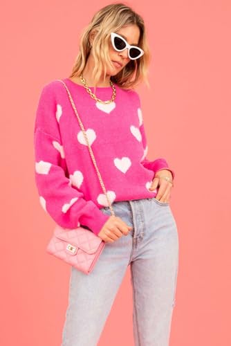 Women's Bright Pink Fuzzy Valentine Hearts Drop Shoulder Sweater Casual Heart-Shaped Long Sleeve Pullover Tops4