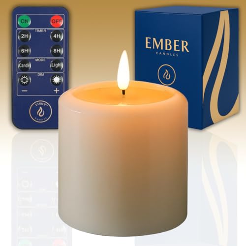 Ember Candles™ 10cm Chapel Pillar Ivory LED Flickering Battery Candle – 100% Real Wax, Ultra-Realistic, Flameless, Hand-Poured Design, 6 Hour Timer for Safe Indoor Use (Without Remote Control)