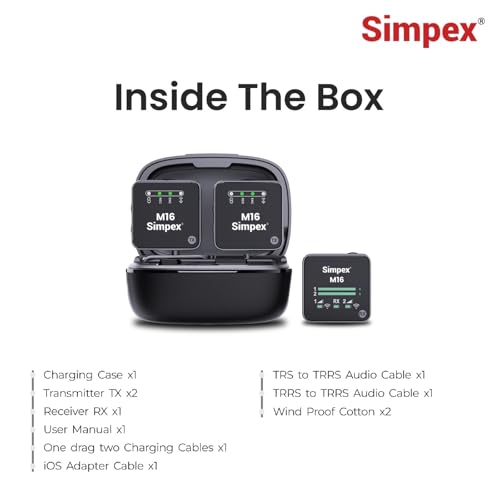 Image of Simpex M-16 Wireless Microphone with Charging Case, 100m Range, Intelligent Noise Cancellation, 10Hrs Battery, Compatible with DSLR, Smartphones for Vlogging, Interviews & Podcasts