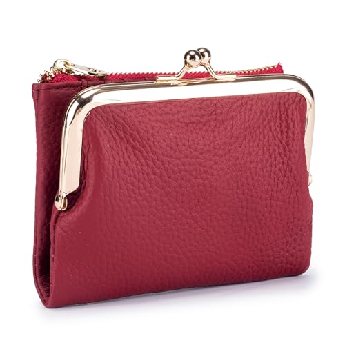 Genuine Leather Kiss Lock Wallet for Women Kiss Clasp Coin Purse Small Bifold Wallet with Card Slots and Zipper Pocket (Wine Red)