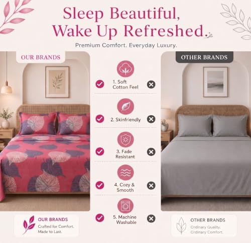 Image of HOMEKART Glace Cotton 160 TC LeafPrinted Double Bedsheet with 2 King Size Pillow Covers | Soft & Durable | 86 x 88Inches (Rose Pink)