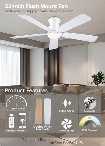 Image of JSAITEE 52 inch Flush Mount Ceiling Fans with Lights Low Profile White | Modern Fans DC Reversible Motor, 3CCT Dimmable, 6 Speeds Fan Light for Indoor Bedroom, Kitchen, White