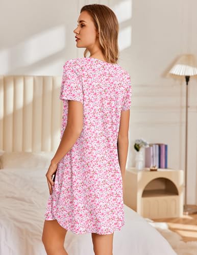 Image of Ekouaer Nightgowns for Women Pleated Sleep Shirts Short Sleeve Night Shirts Lace Trim Night Gown Ladies Sleep Dress