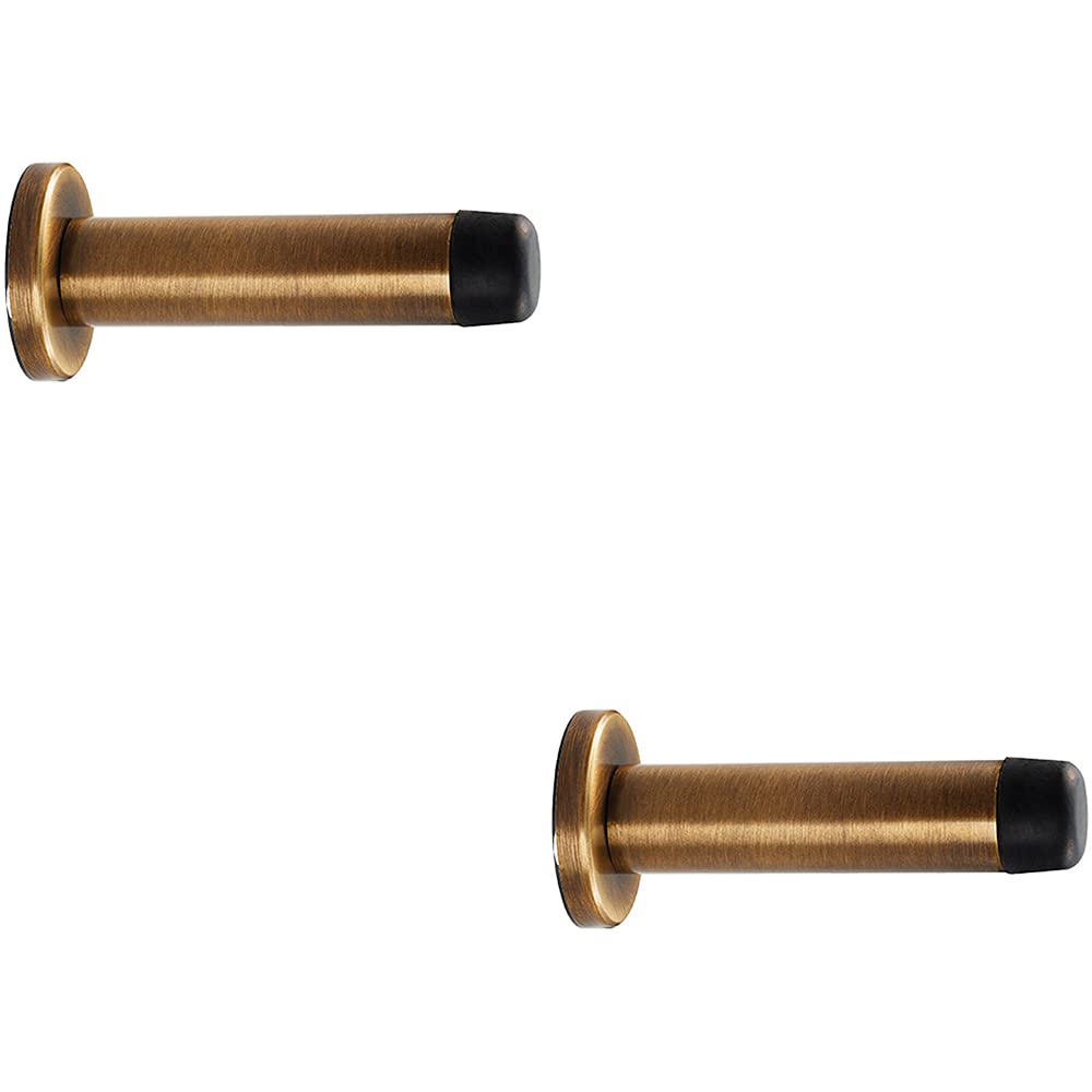 2 PACK | Rubber Tipped Doorstop Cylinder with Rose - Wall Mounted - 70mm - Antique Brass | Protective Door Buffer - Wall Protection Bumper - Internal Door Accessories
