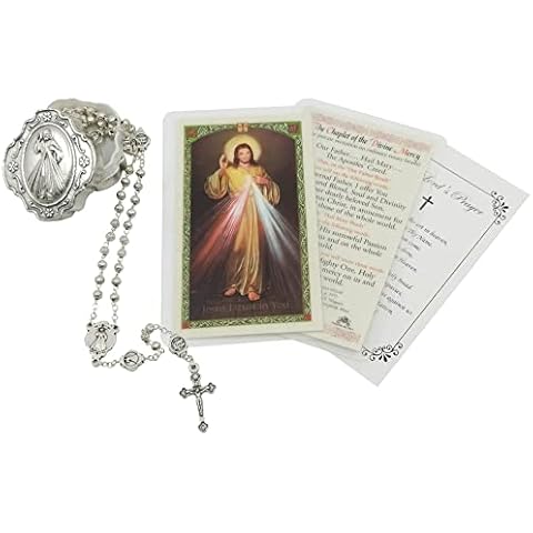 Divine Mercy Chaplet - Divine Mercy Rosary with Silver Tone Beads and Centerpiece | Catholic Rosary Set with Metal Rosaries Case, Chaplet Prayer Guide, The Lord's Prayer Card | Total 4 Items Cover